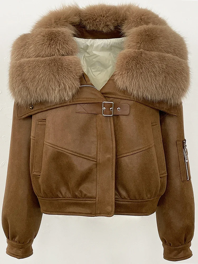 2025 جديد إمرأة كبير الطبيعية الثعلب الفراء طوق معطف سميك الملابس الشتوية رقيق سترة منفوخة الإناث قصيرة سترة من جلد الغزال سيدة #3