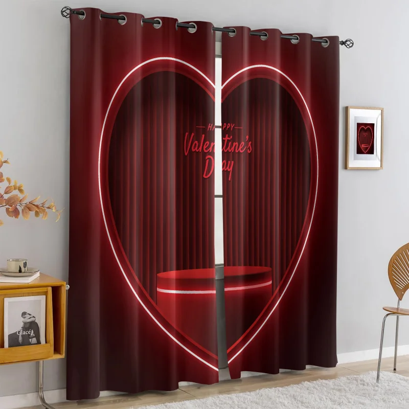

2Pcs Modern Romantic Style Neon Heart Print Perforated Blackout Curtains, Multi Size Living Room Bedroom Insulation Decoration