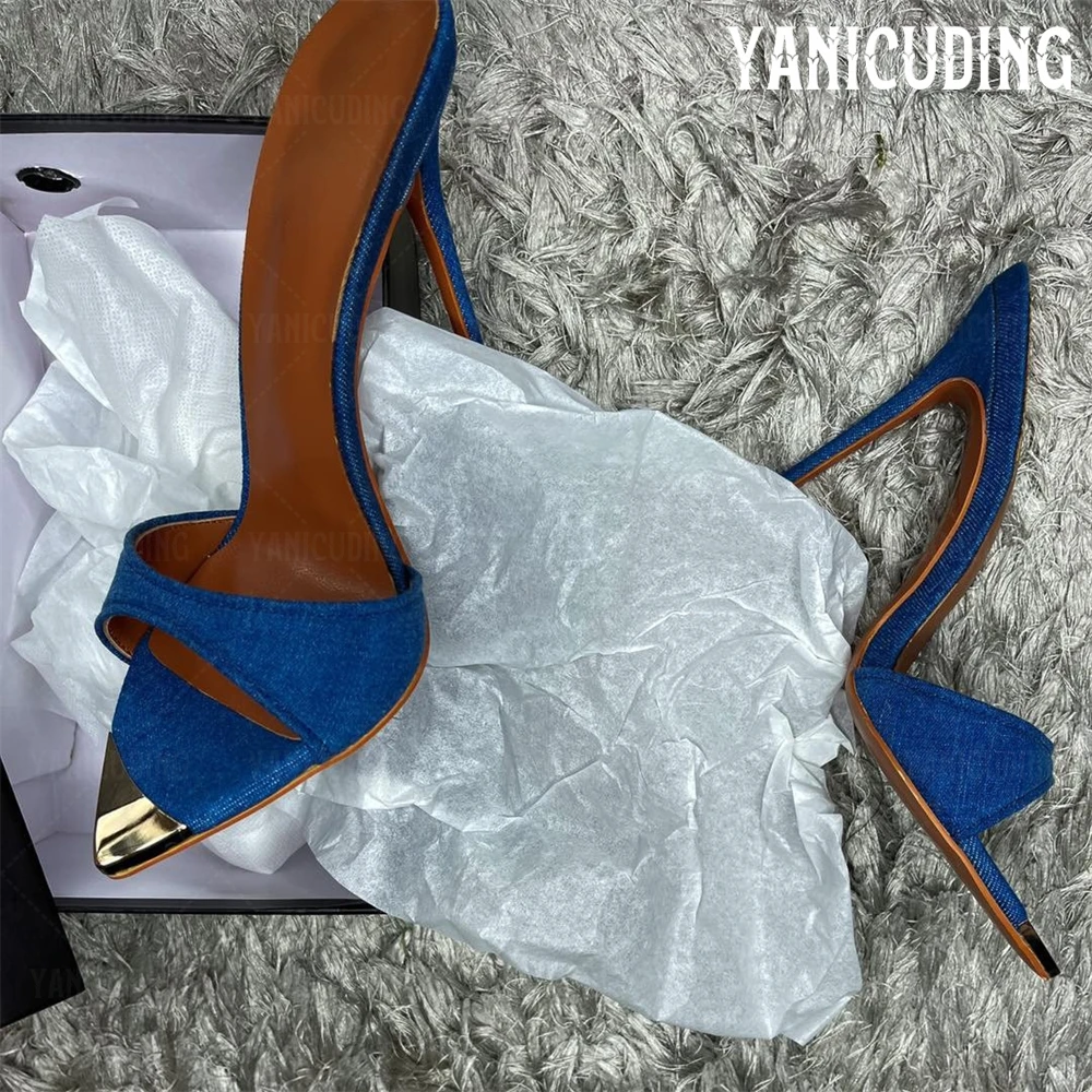Denim Mules Sexy Stiletto Sandals Metal Toe Super High Heels Summer Shoes Color Block Sexy Slip-On Sandals for Women Slippers