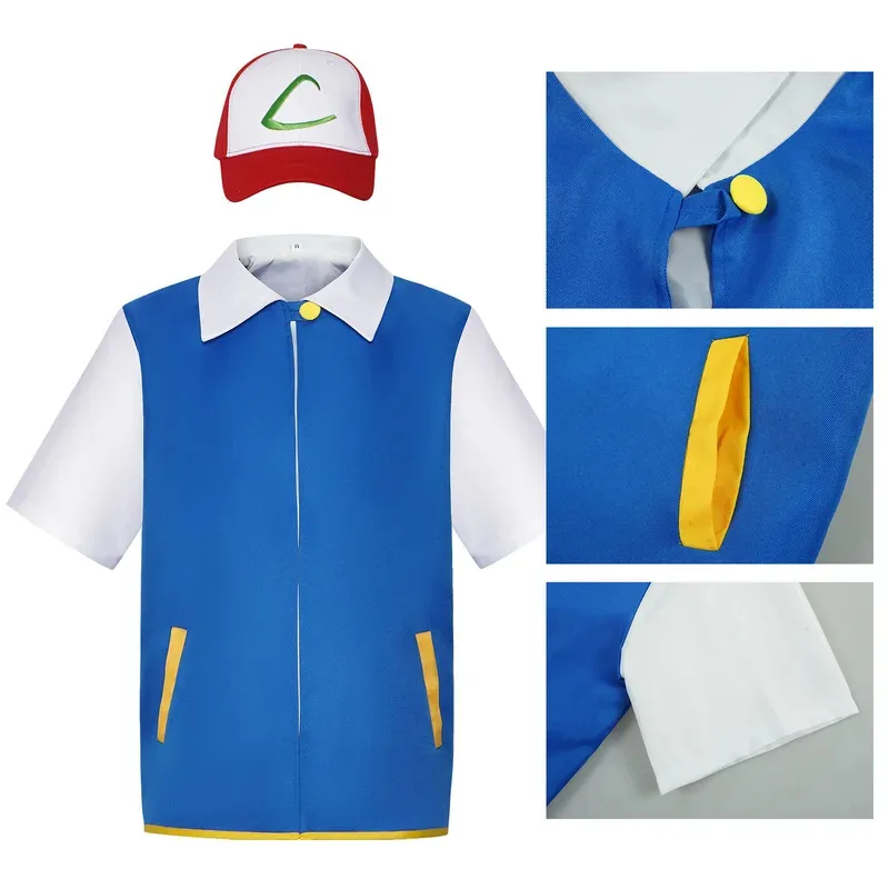 

2025 aaa Adult Kids Ash Ketchum Anime Trainer Cosplay Costume for Men and Women Blue Jacket Hat and Gloves Halloween Costume