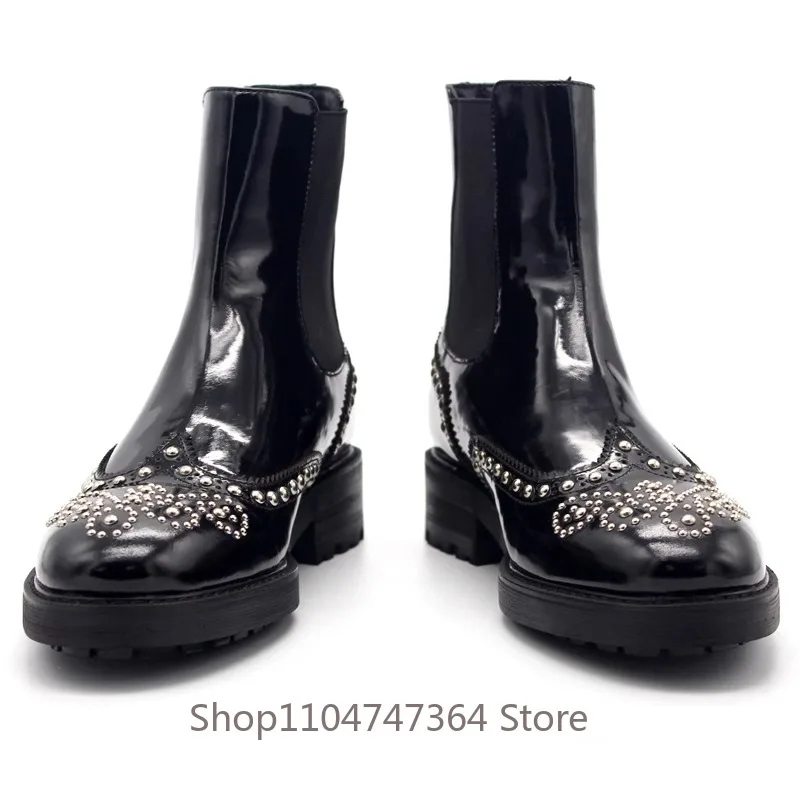 New British Rivet Chelsea Boots Men's Handmade Pointed Toe Sculpted Brogue Shoes Youth Genuine Leather Business Dress Boots