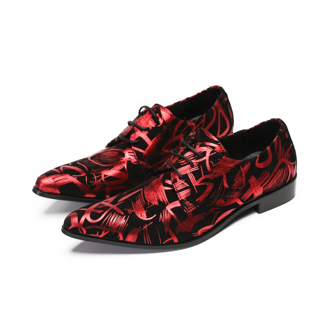 Red Fashion Print Pointed Toe Wedding Party Evening Shoes Business Celebrate Formal Shoes Man Cow Leather Big Size Lace Up Shoes