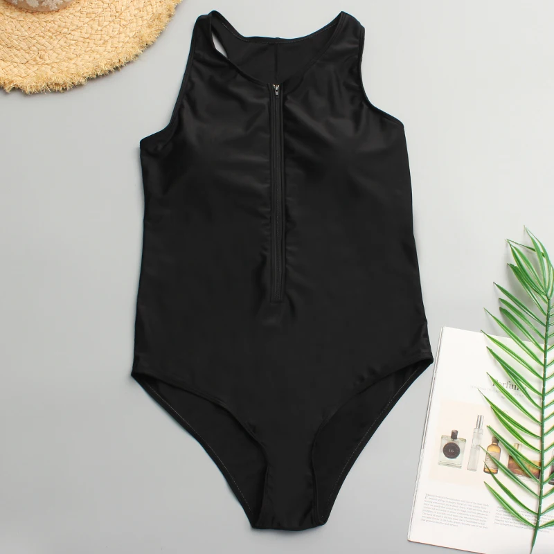 Black Strapped Plus Size Swimwear Women Zipper Push Up Large One Piece Swimsuit Beach Chubby Big Bathing Suit