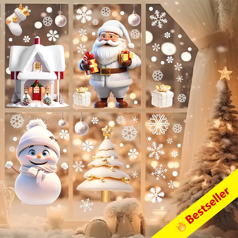 ملصقات نافذة لاصقة ثابتة لعيد الميلاد الأكثر مبيعًا - تصميمات سانتا ورجل الثلج والرنة والثلج لنوافذ وشاشات المتجر #1