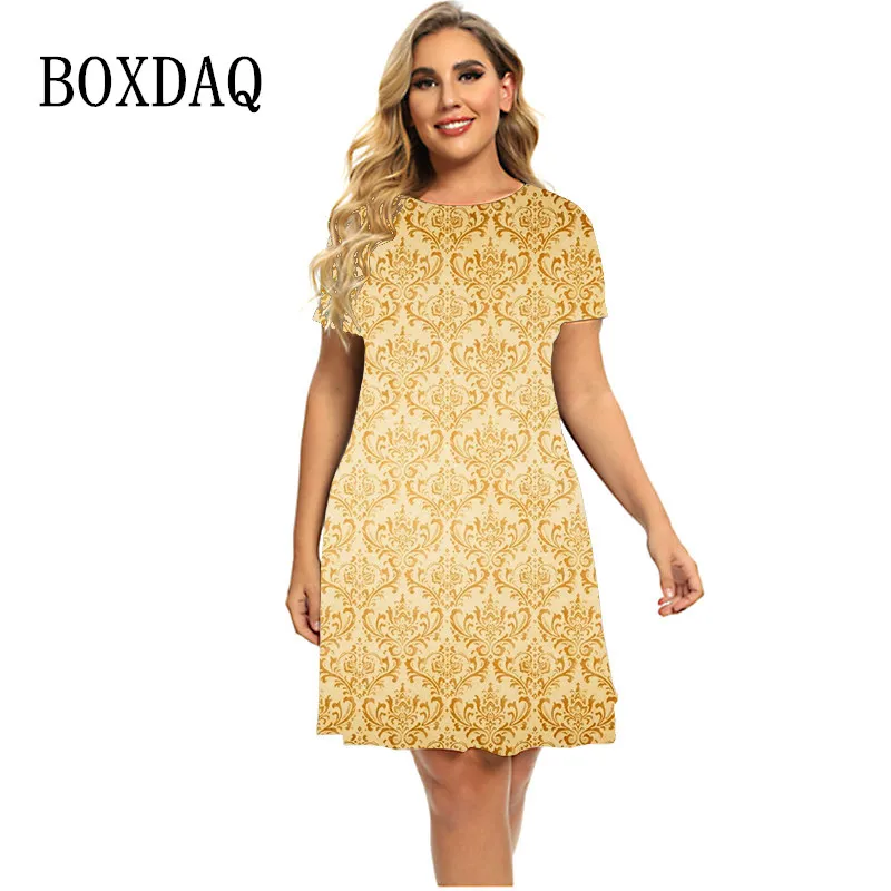 

Summer Retro Bohemia Dresses For Women 2023 Vintage Floral Print Short Sleeve Large Dress Loose Casual O-Neck Plus Size Clothing