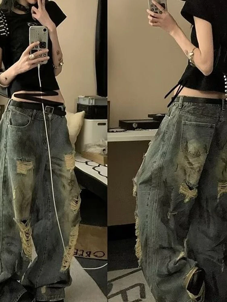 

Retro Splatter Denim Jeans High Waist Wide Leg Floor-Length Pants Men Women Summer New Sle Casual Sle Blue Color