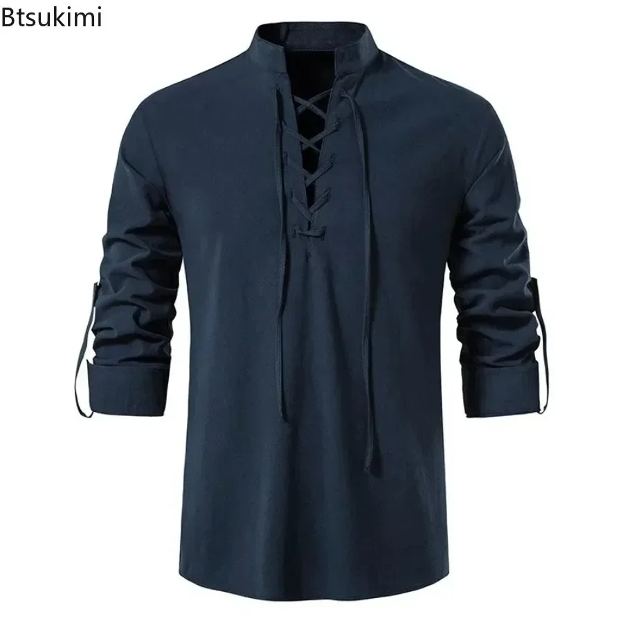 New Men\'s Casual Cotton Linen Shirt Medieval Renaissance Long Sleeve Stand Collar Shirt Retro Lace-up Cosplay Pirate Costume Top