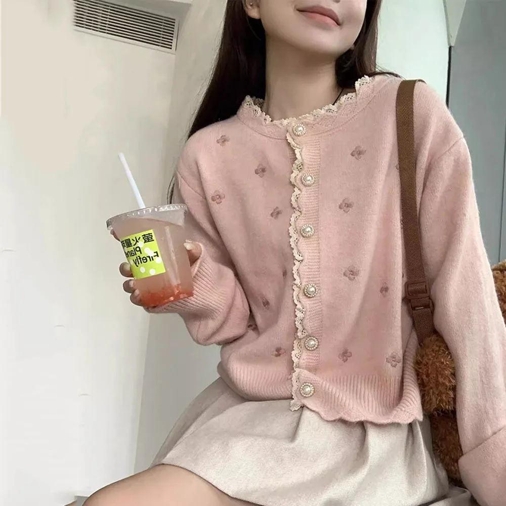 Korean Fashion Pink Sweaters Jacket Women Autumn Winter Lace Cardigan Knit Long Sleeve Gentle Girl Elegant Ladies Knitted Coats