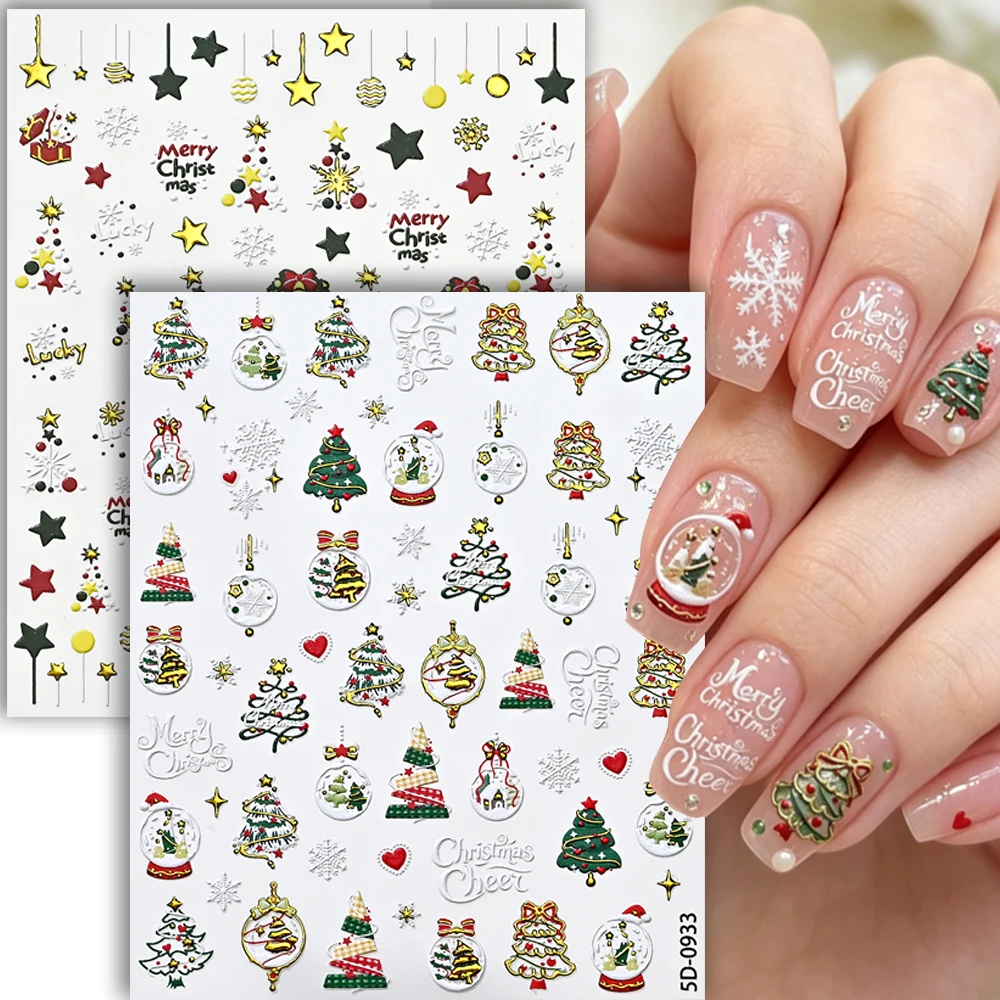 2pcs Crystal Ball String Lights Christmas Nail Stickers Red Green Christmas Tree Star Nail Decal Gold-stamped Decorative Sticker