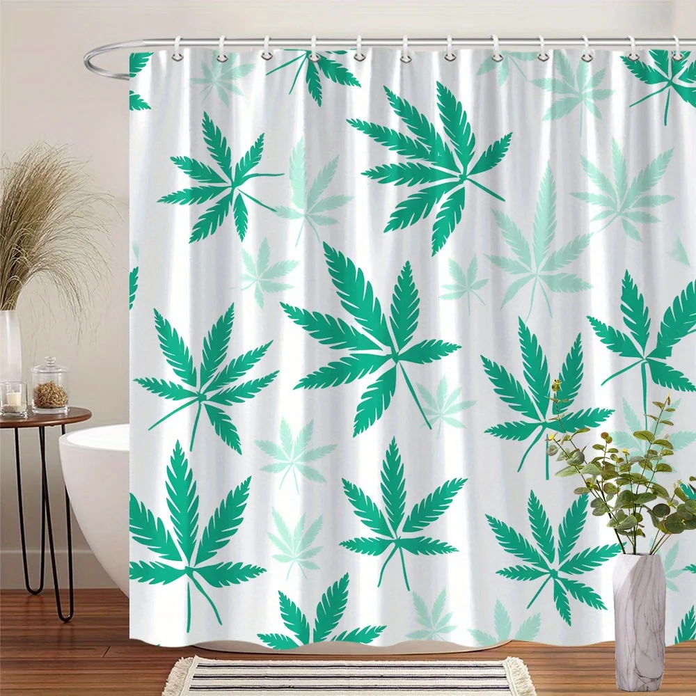 

1 шт. занавеска для душа из листьев конопли, цифровая векторная иллюстрация зеленых листьев на белом фоне, украшение для ванной комнаты с крючками