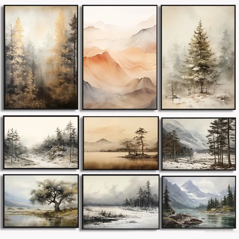 Misty Mountain Lake Canvas Print Asian Style Serene Landscape Painting Forest River Minimalist Wall Art Zen Decor for Bedroom