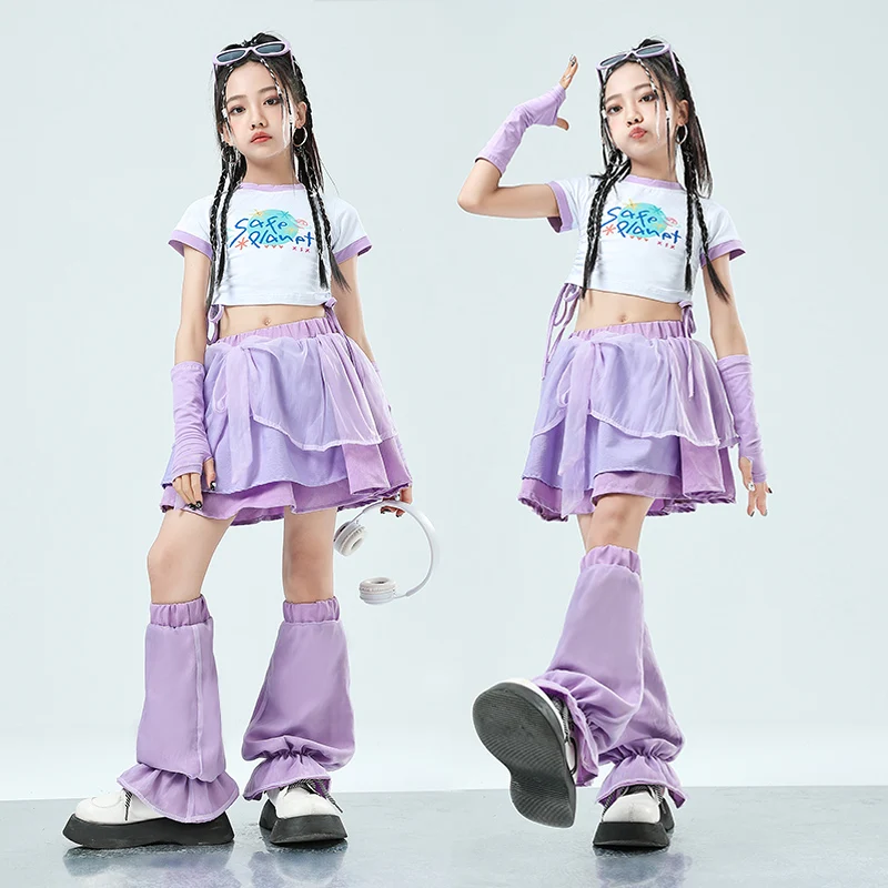 Mädchen niedlichen Streetwear Outfits Kinder Hip Hop Crop Top lila gestufte Röcke Kleidung setzt Kinder Teenager Street Dance Jazz Kostüme