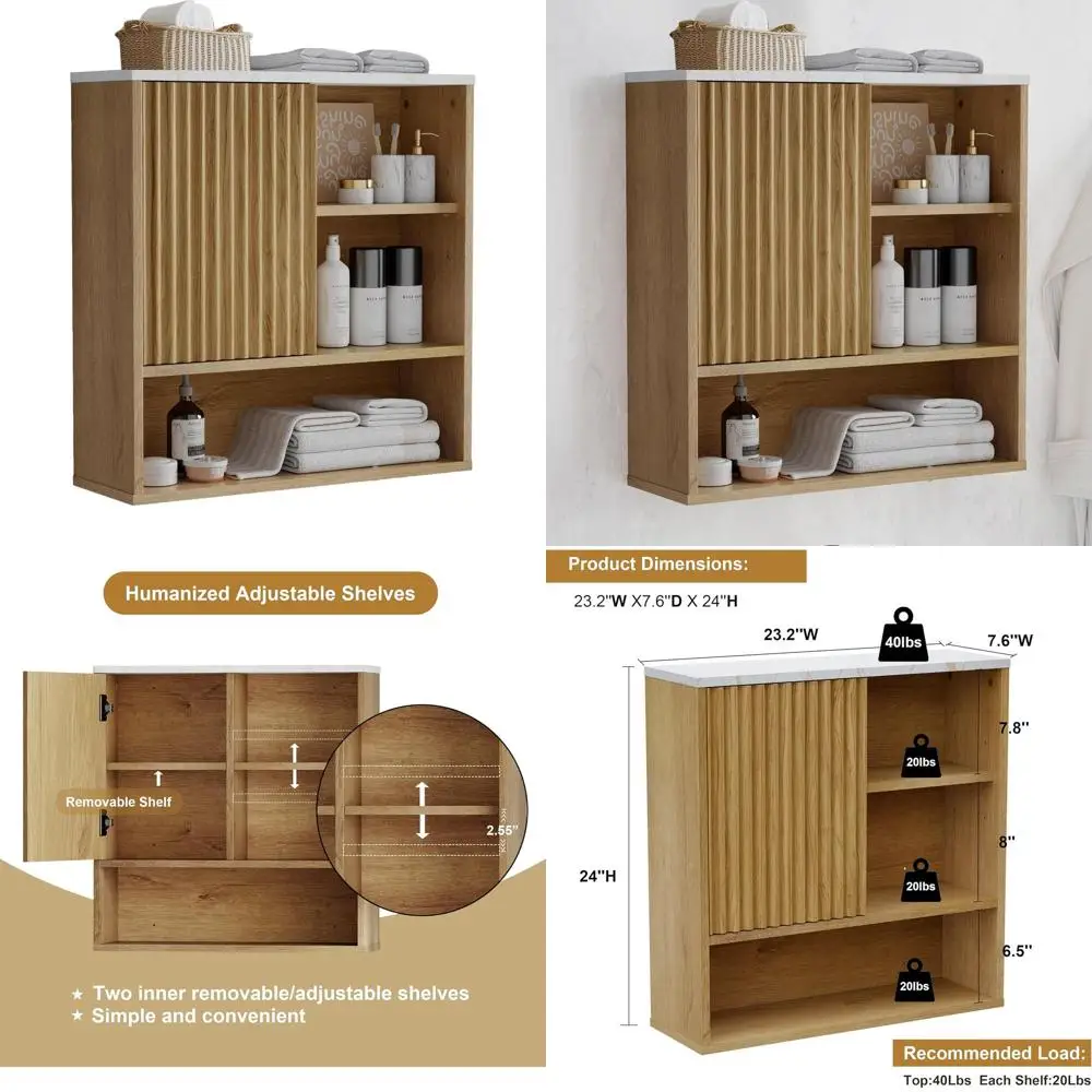

Contemporary Wall-Mounted Fluted Medicine Cabinet with Faux Marble Top and Adjustable Shelf - Natural Oak Finish