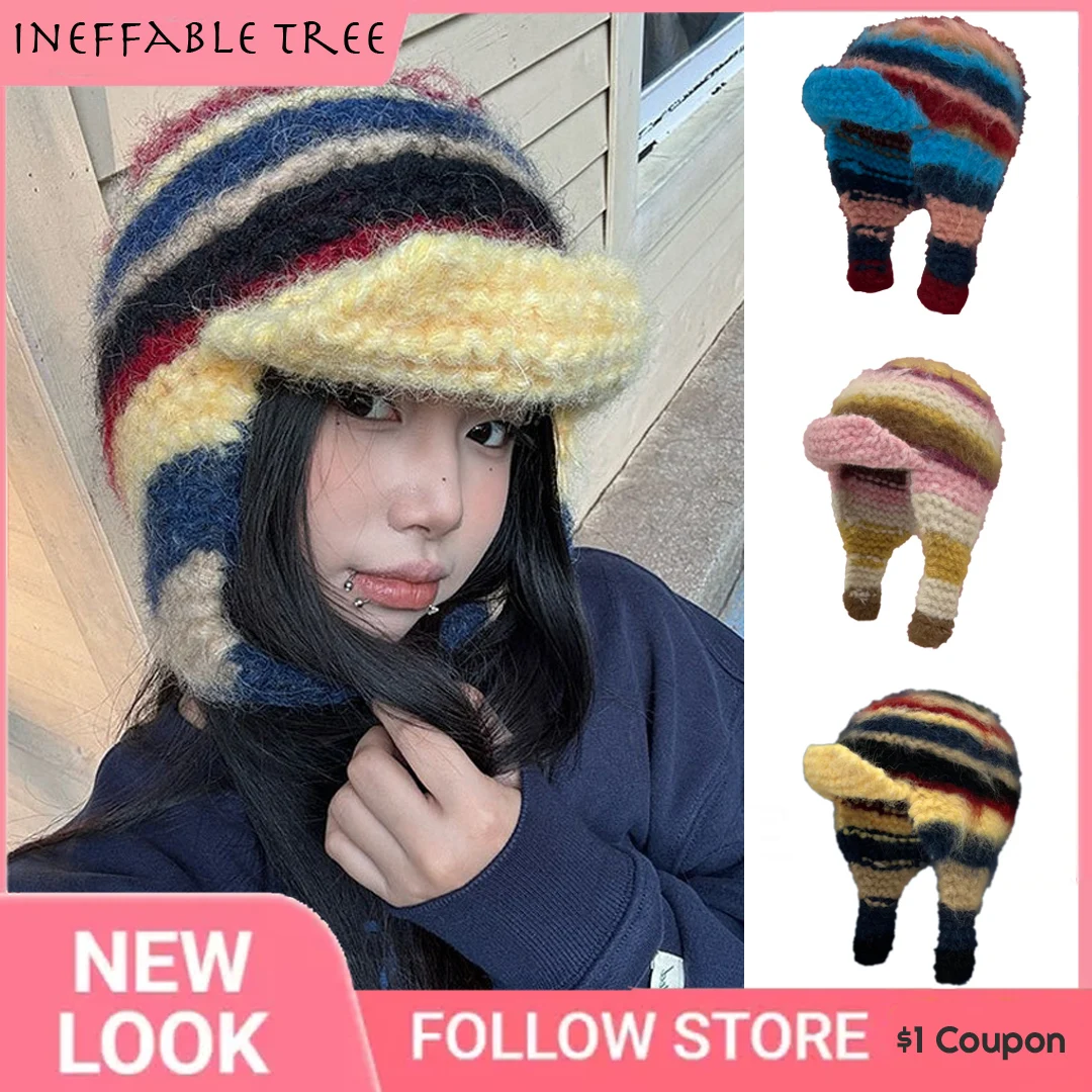 

Y2K Striped Color Blocked Crochet Knitted Ear Protection Mohair Hat for Women Russian Autumn Winter Warm Bomber Flying Cap Gorro