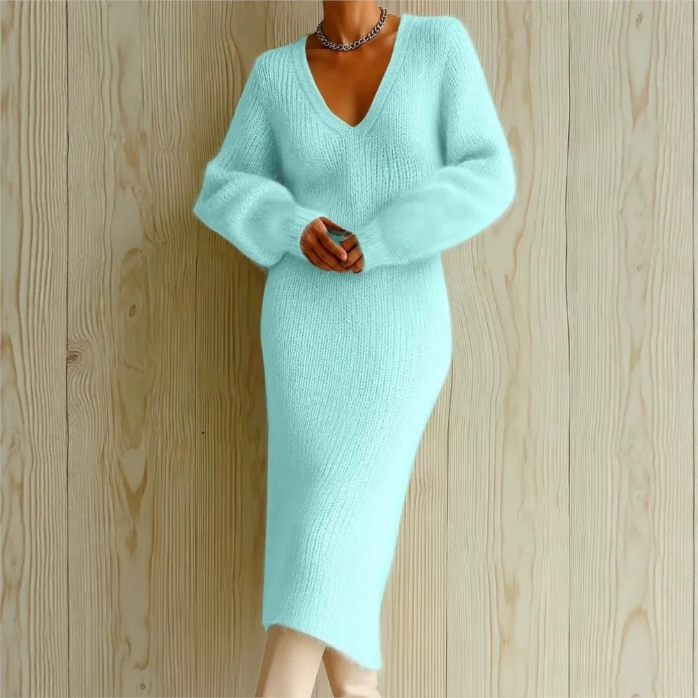 Herbst Winter Neue Mode Flanell-Strickkleid für Damen Lässiges Loses V-Ausschnitt Pulloverkleid Elegantes Damen-Strickoberteil für den Alltag