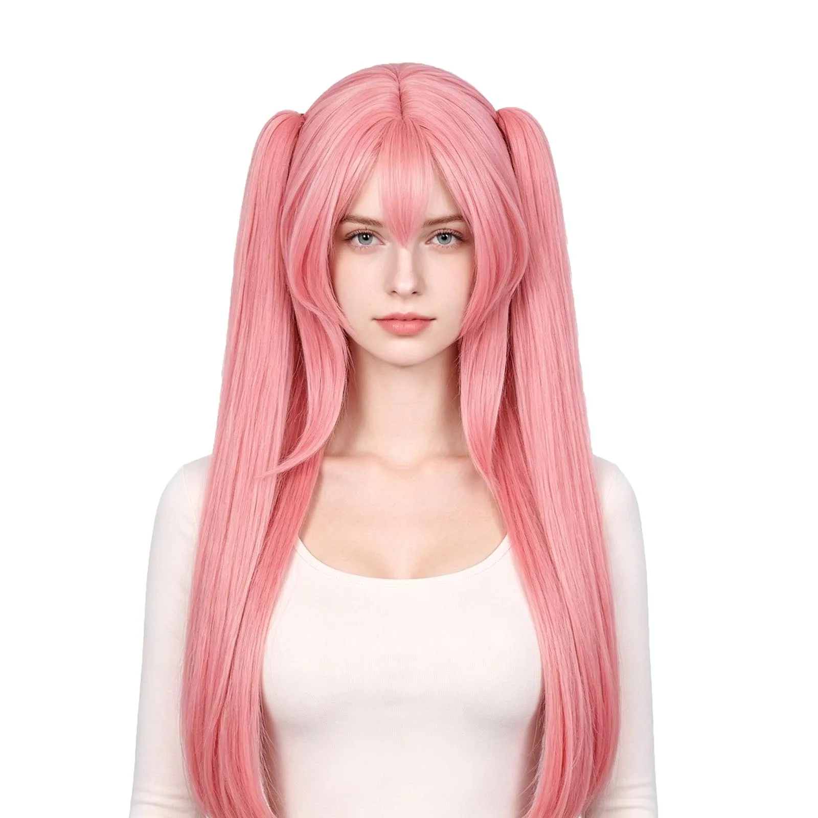 Mizi Cosplay Wig Anime Girl Pink Twin Ponytails Long Straight Synthetic Hair Wig Heat Resistant for Halloween Party