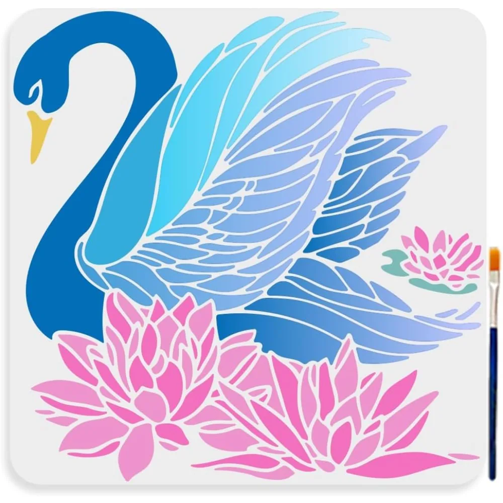 1 Stück PET-Schablone zum Ausstechen und Malen für DIY-Scrapbook-Fotoalbum mit 1 Stück Kunstpinsel Schwan 300 x 300 mm