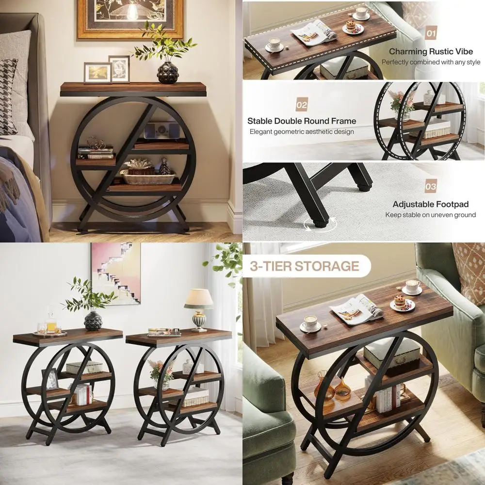 

3-Tier Wooden Side Table with Storage, Geometric Metal Accents for Living Room and Bedroom