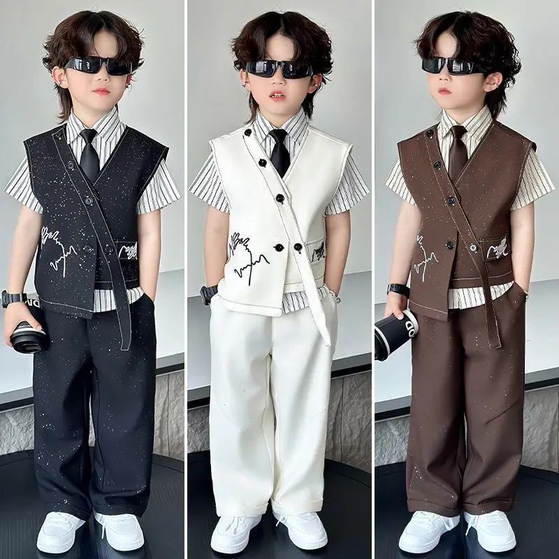 

3 PCS set Autumn Spring Boy Retro Stripes TShirt+Pants Shorts+Vest Kid Children baby Gentleman Handsome Streetwear Party Clothes