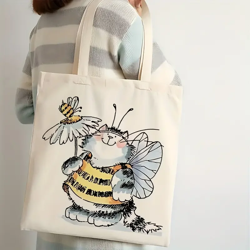 Tote Bag Cute Cartoon Cat In Bee Costume Pattern Canvas Tote Bag - Stylish And Durable Travel Shoulder Bag For Everyday Use