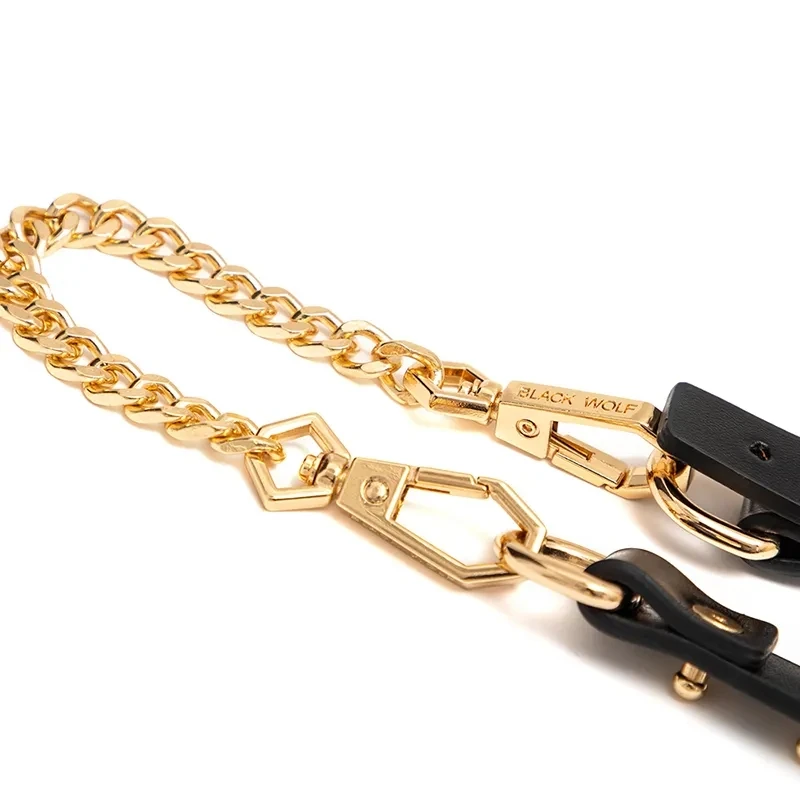 BlackWolf Female Sex Toys Sm Pu Leather Handcuff with Gold color Chain Men Sex Toy bdsm Luxurious Quality for Women Adult Game