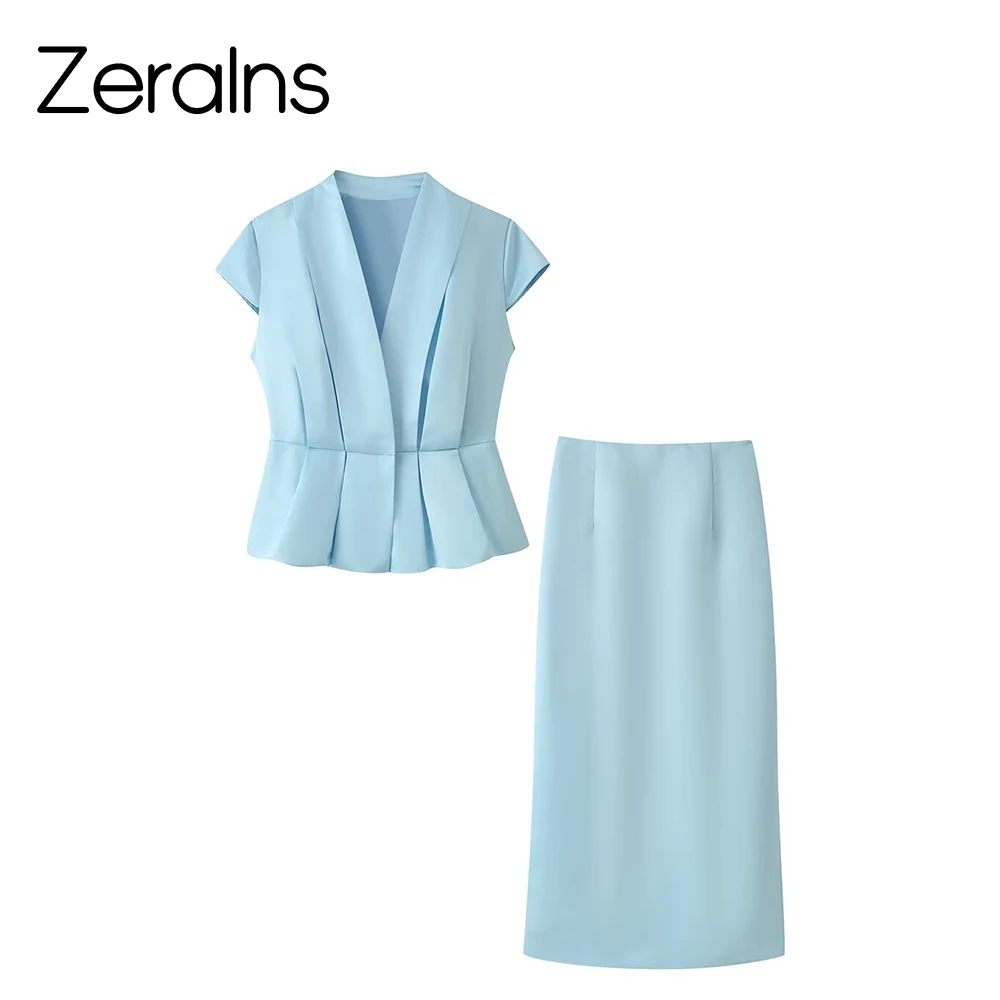 ZERAINS Summer New Women's Retro Style Simple and Fashionable Silk Texture Pinch Fold Top Split Bun Hip Skirt Set