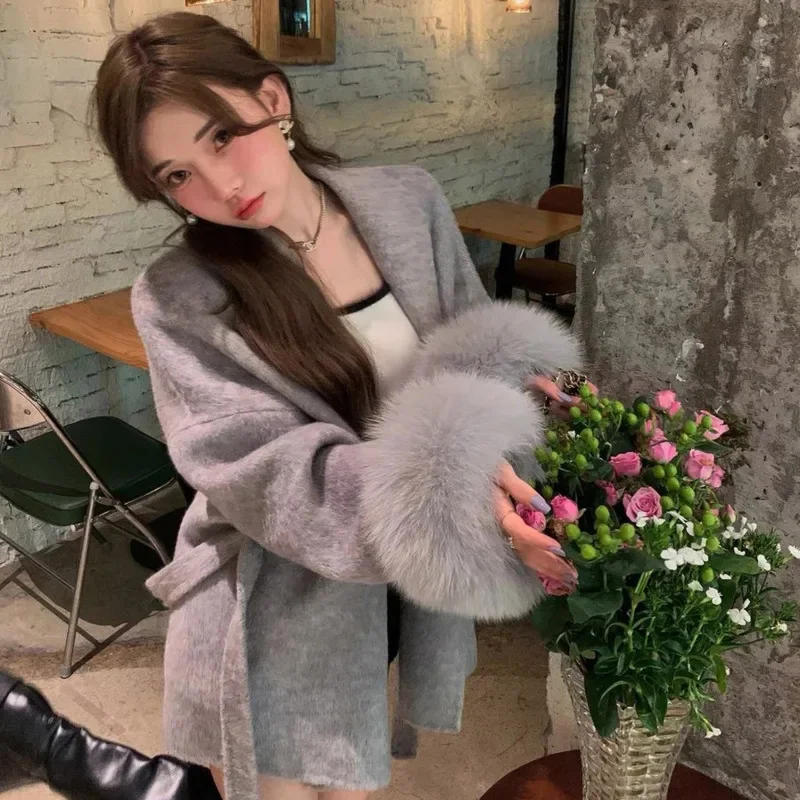 High End Double Sided Wool Strapping Coat Women Removable Cuff Fox Fur Plush Temperament Double Sided Cashmere Warm Short Jacket