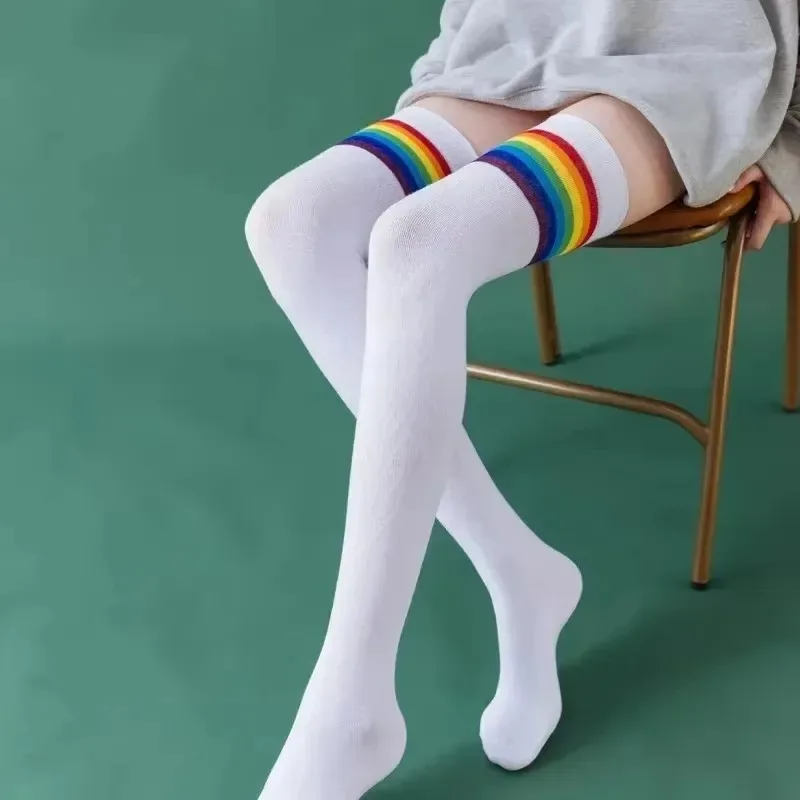 Rainbow Striped Thigh High Stockings for Women Black White Long Winter above Knee Socks Y2K Japanese Style Femboy Blue