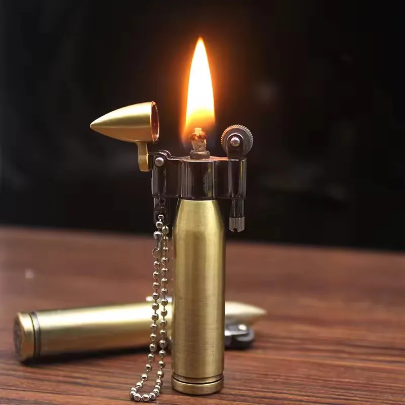 Retro Bullet Sandblasted Wheel Lighter Metal Keychain Lighter Pipe Outdoor Fire Starting Tools Festival Gifts