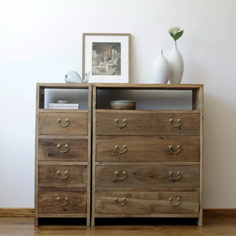 Solid Wood Four Drawer Chest Elm Storage Cabinet Simple New Chinese Style Weathered Log Entryway Foyer Console Table