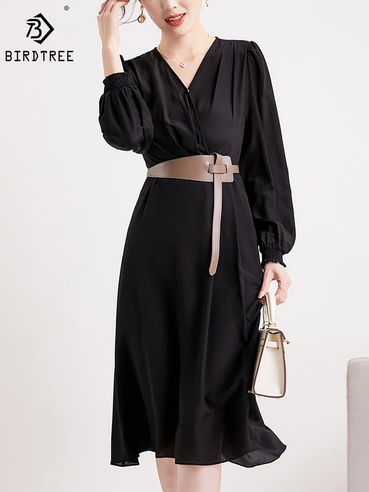 

Birdtree 100%Mulberry Silk Dresses Long Sleeve Solid Elegant Fashion Minimalist Style Belt Dress Office Lady Autumn New D30732QM