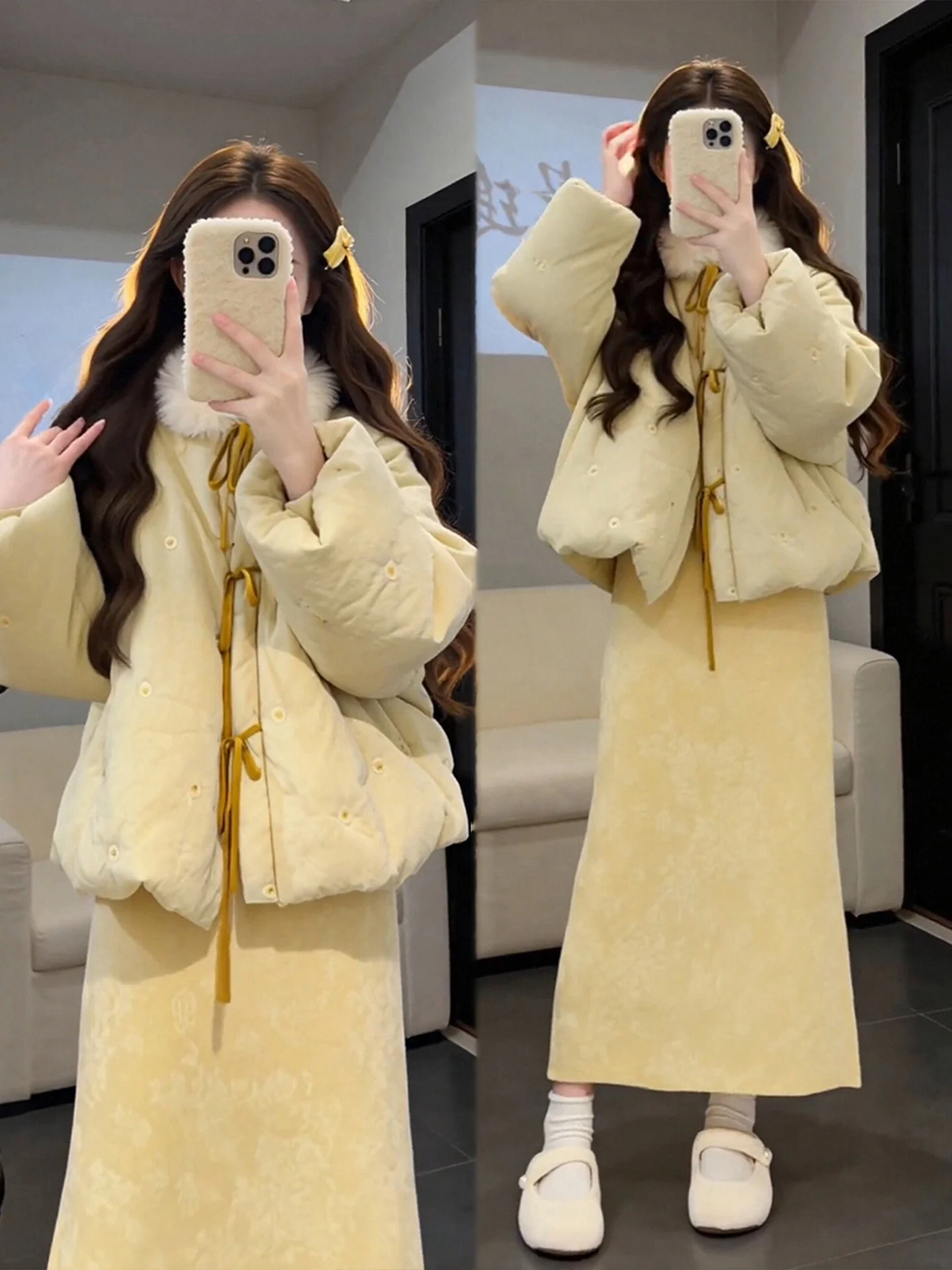 

Yellow Cotton Jaet And Qipao Dr Set plus Size Women's Faionable Chinese Sle Winter Warm Casual Wear Two-Piece Suit