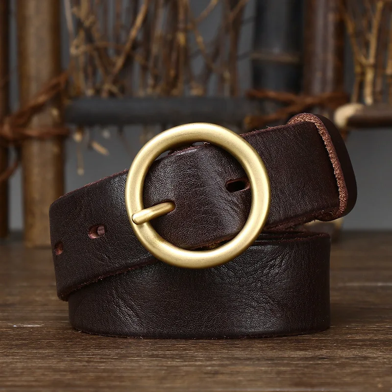 3CM Wide Retro Couple Style Circle Brass Buckle Belt,Genuine Leather Pure Cowhide Versatile Men's and Women's Denim Jeans Belts