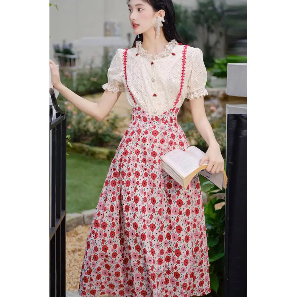 

Vintage Rose Print irt And Floral ter Dr Set Sweet Countryside Sle Women's Faion Ensemble High Waist Long Pants