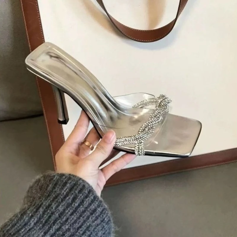 2025 Summer New Women's Sandals, Transparent Rhinestone Thick Heels, Middle Heel and Fashion Slippers