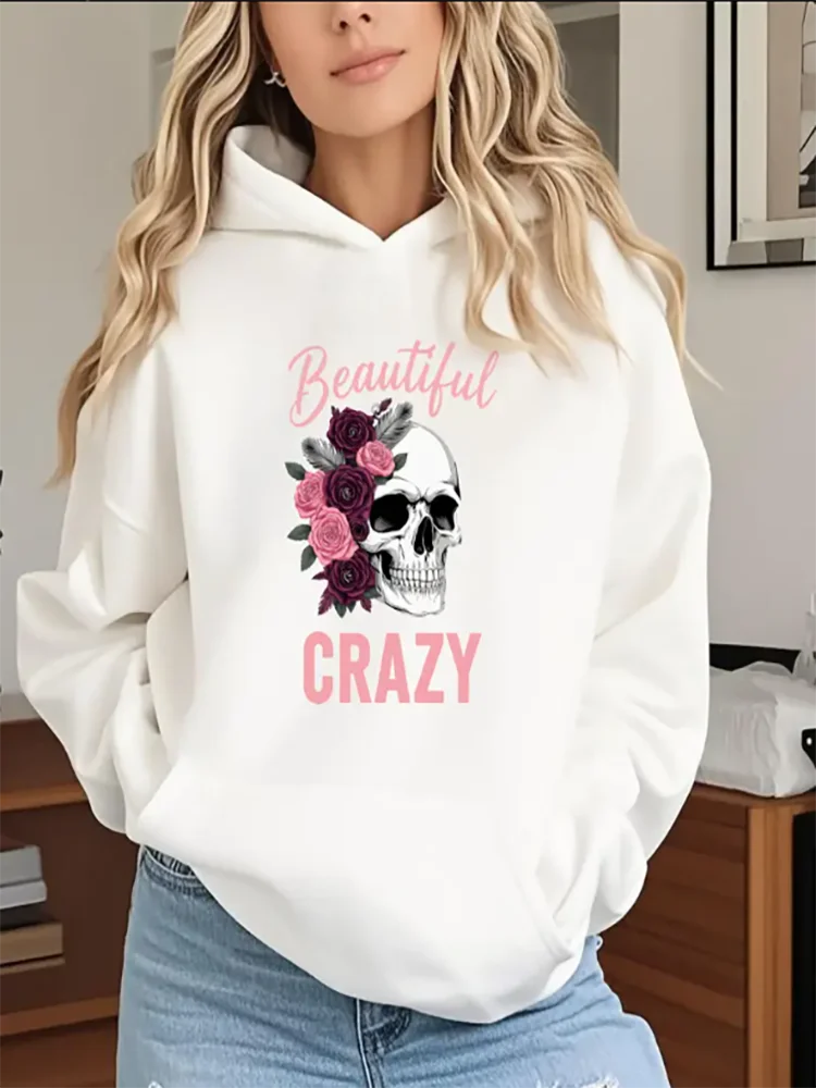 

Женская черная толстовка с цветочным принтом и черепом, красивый сумасшедший графический принт, повседневная толстовка с капюшоном на шнурке большого размера из чистого хлопка