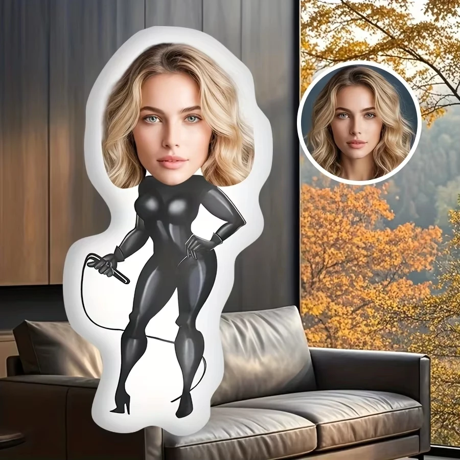 Custom Face Catwoman Pillow, DIY Photo Human Shape Cushion, Cotton Filled Soft Plush, Personalized Gift For Valentine Bedroom