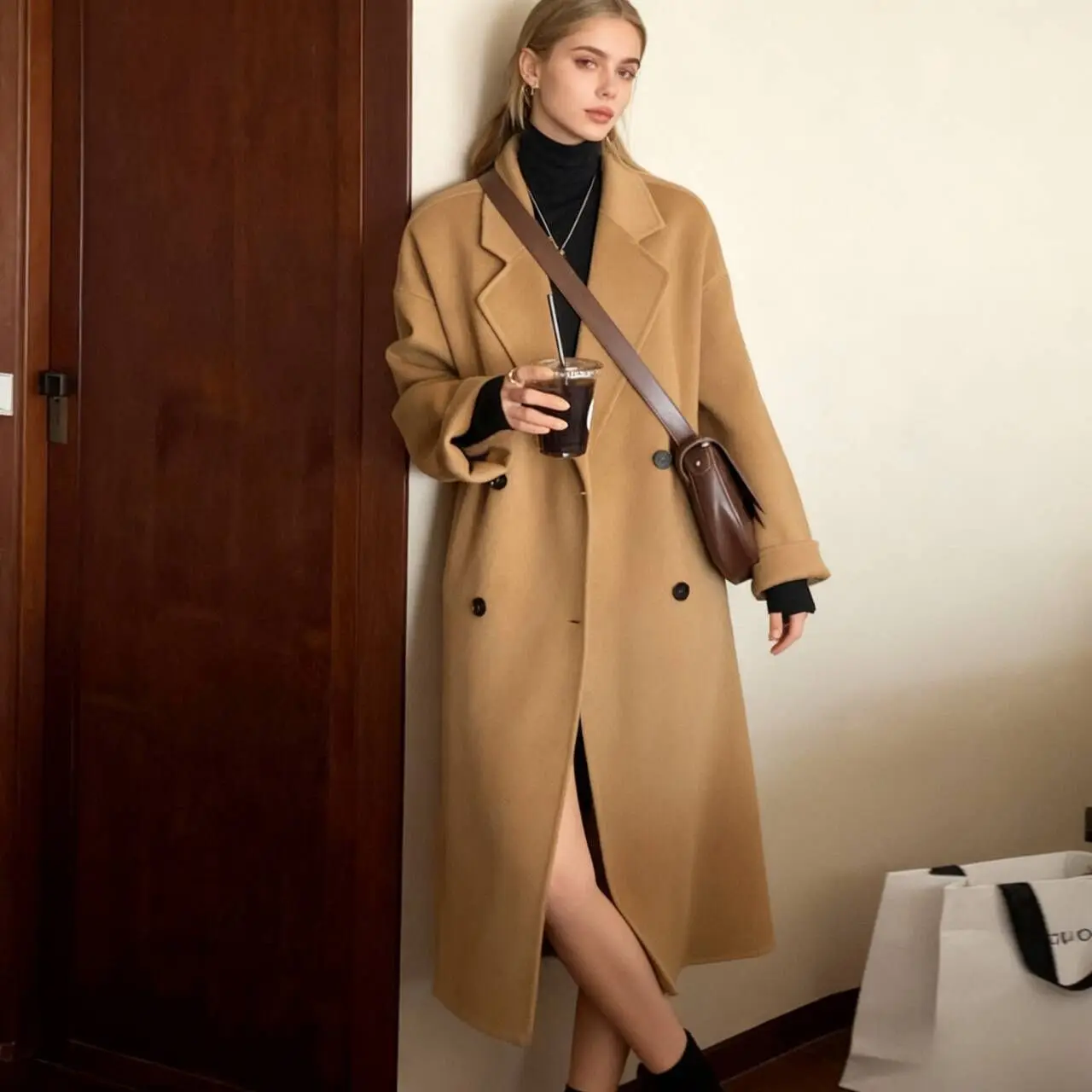 Wool Blend Coats Womens Woolen Coat Green Winter Buffalo Plaid Buttoned Lined Double-Layer Drop Shoulder Adjustable Waist-Fitted