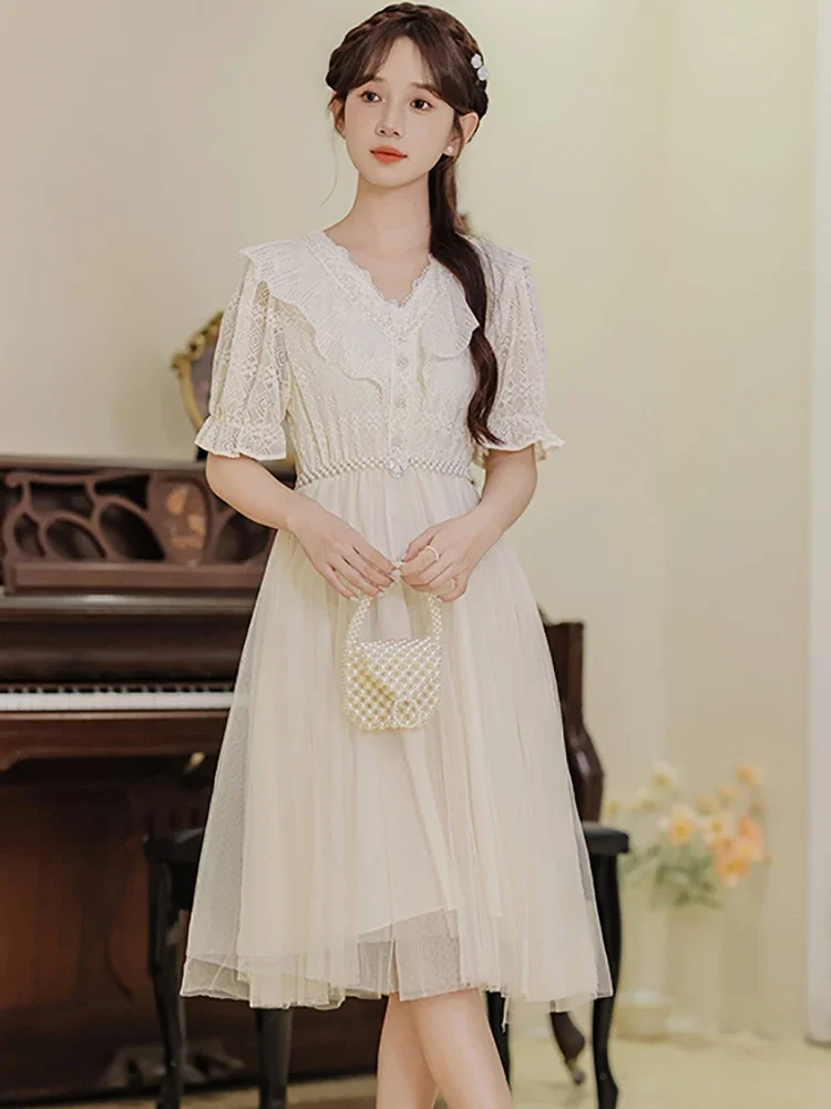 Vestido elegante de verano con cuentas, vestido de fiesta Vintage coreano 2025, vestido largo de lujo con gancho de retazos de malla blanca y flores para mujer