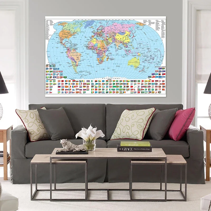 国旗の世界地図,キャンバス絵画,壁アート,部屋のポスター,家の装飾,225x150cm,ロシア語