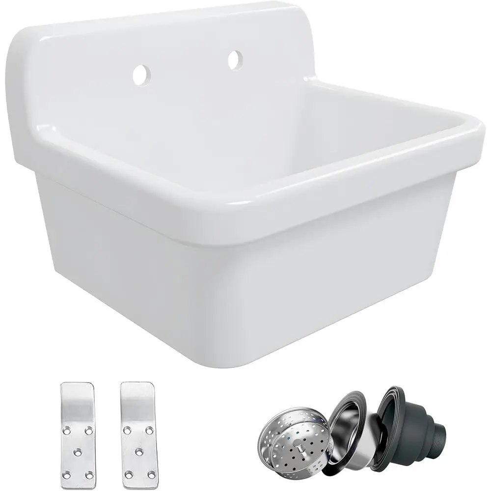 

24 Inch Wall-Mounted Porcelain Utility Sink for Laundry, Workshop, and Bathroom Use