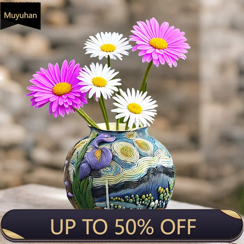 The Starry Night Vase Painted Artwork Plant Pots Table Decoration Flowers Arrangement Creative Floral Vase Room Aesthetic Decor