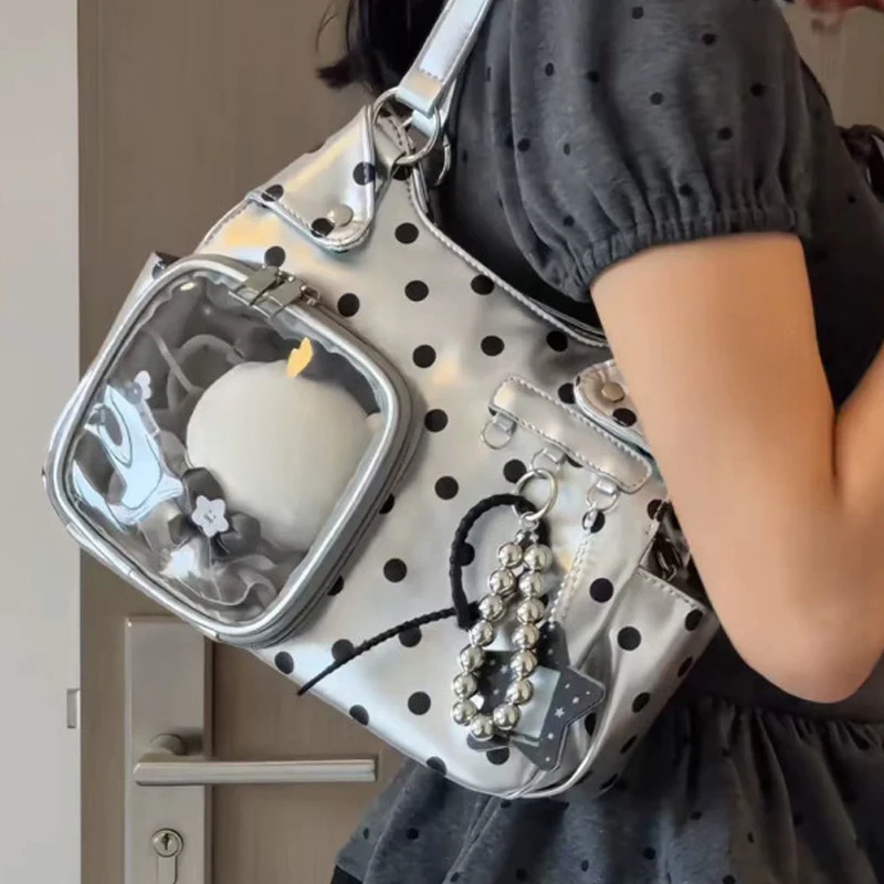 Polka Dot Ita Bag mit transparentem Sichtfenster, Damen-Umhängetasche, japanische Mädchen-Handtasche mit süßer Schleifendekoration. – Detail 11