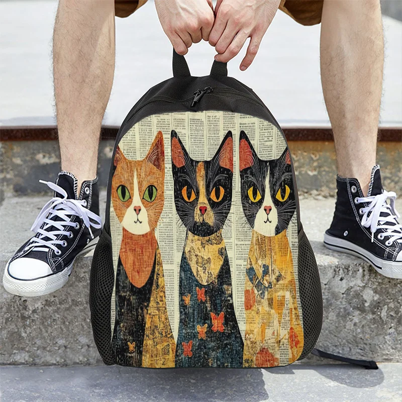 

Stylish Cat Printed Backpack with 3 Cute Tabby Cats and Newspaper Design - Durable Polyester Book Bag with Adjustable