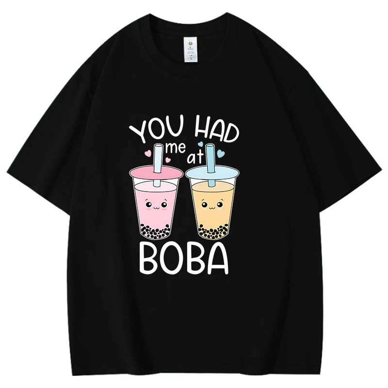 You Had Me at Boba Pattern Men Women Cotton T-Shirt Two Cups of Milk Tea Simple Unisex Tees Loose Large Size Top Couple Shirt