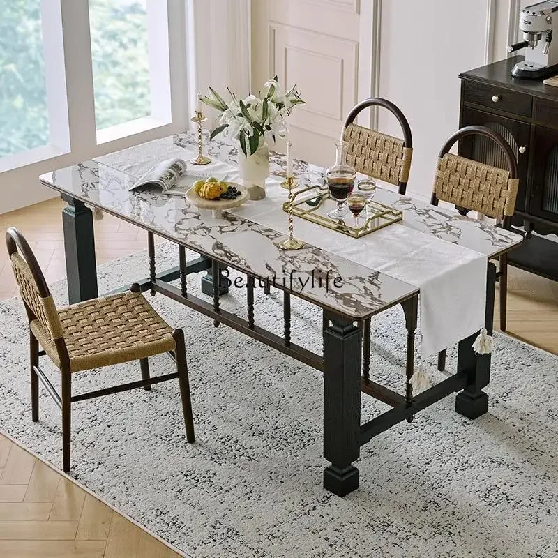 

Z.-Retro solid wood dining chair table new light luxury household rock slab table rectangular small apartment