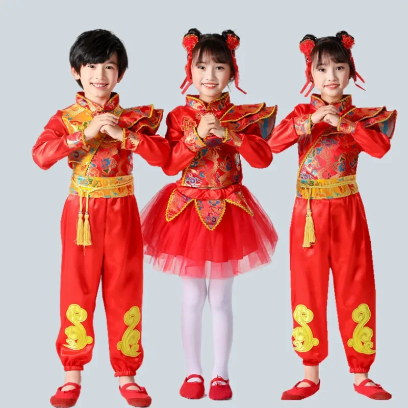 Boy Girl Chinese New Year Clothes tradizionale Kids Folk Dance Red Costumes Stage Party Festival Oriental Hanfu Clothing