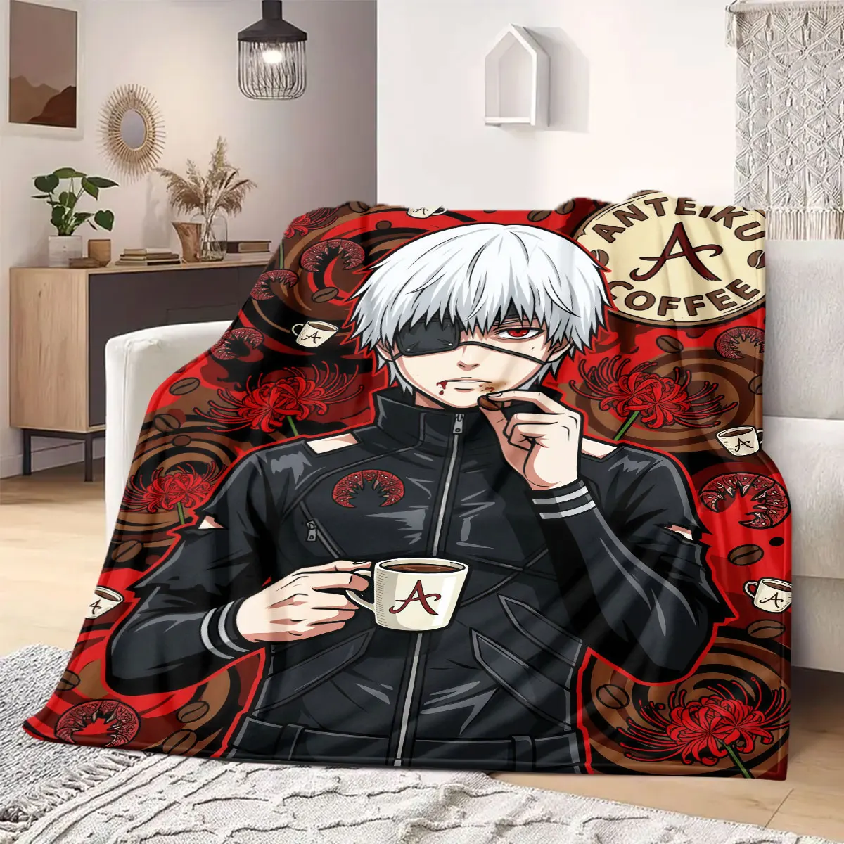 Tokyo Ghoul Colorful Cartoon Flannel Blanket, Quality Print Throw for Living Room, Versatile Picnic and Travel Use_LIAN