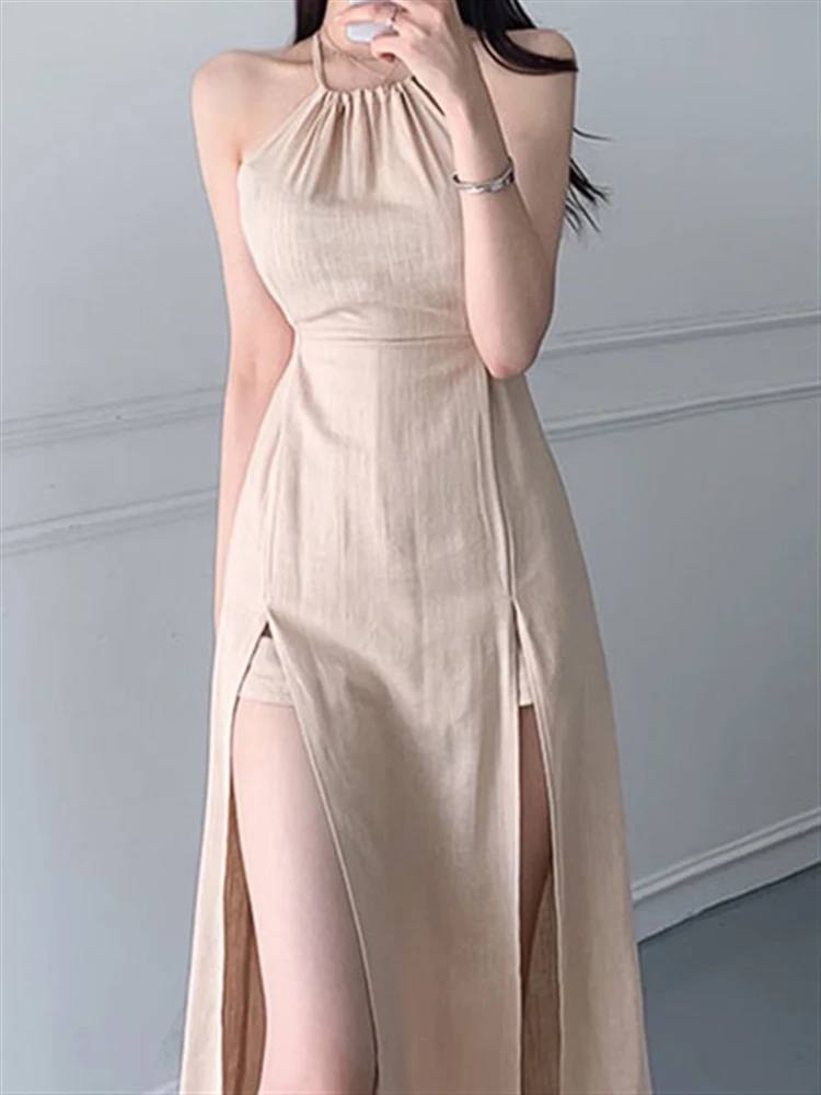 

Backless Solid Apricot Dresses 2022 Embroidery Sexy Beach Lace Sleeveless Vintage Party Sundress Women Summer Dress Boho Runway