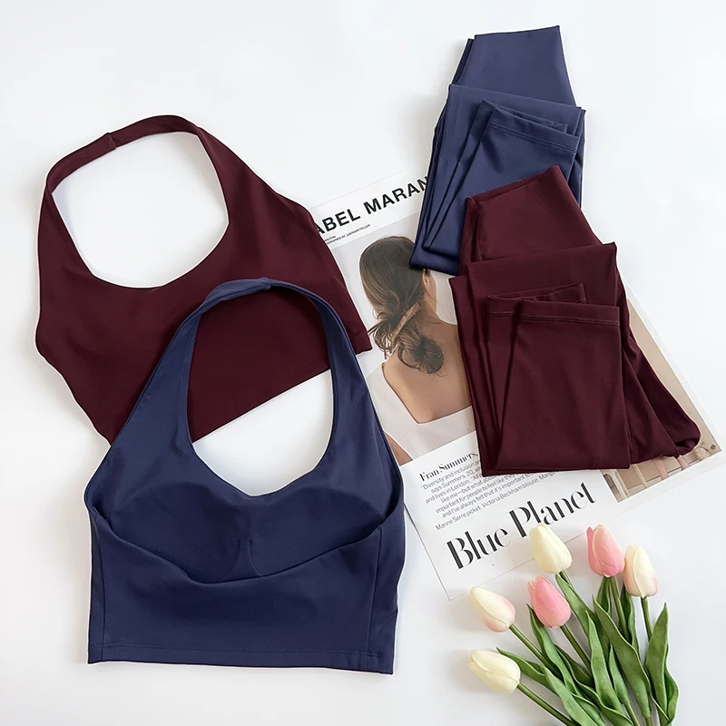 

Women's 2 pieces Yoga Sports Sets Fixed Chest Pad Neck-Hanging Yoga Vest High-Elasticity Yoga Leggings Running Yoga Sports Sets